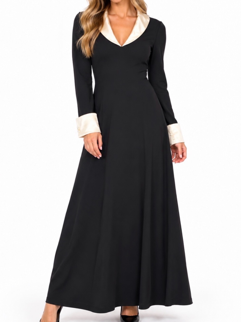 RALPH LAUREN Black Back Polo satin like V-Neck Formal Party Dress slinky SZ SM